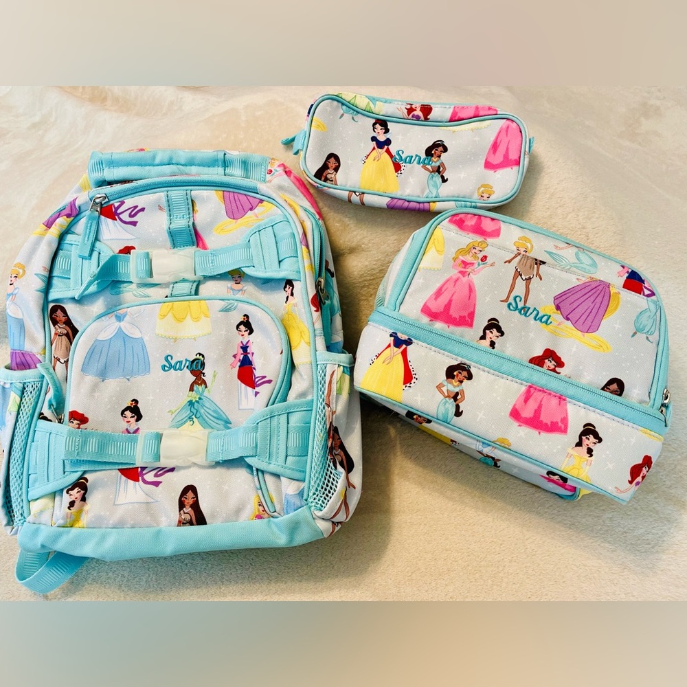 Pottery Barn Kids Disney Aqua Princess Backpack Lunchbox & Pencil Case Bundle